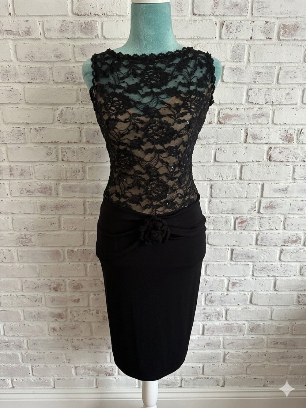 MODA INTERNATIONAL Black Lace Sequin Whimsigoth Wiggle Dress Nude Illusion